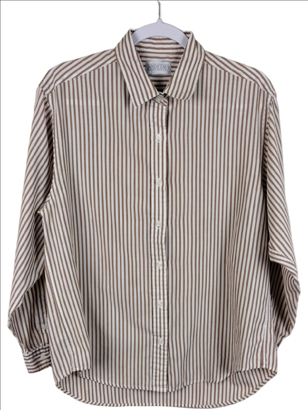Lands End Brown White Thin Stripe Pointed Collar Long Sleeve Button Down Shirt